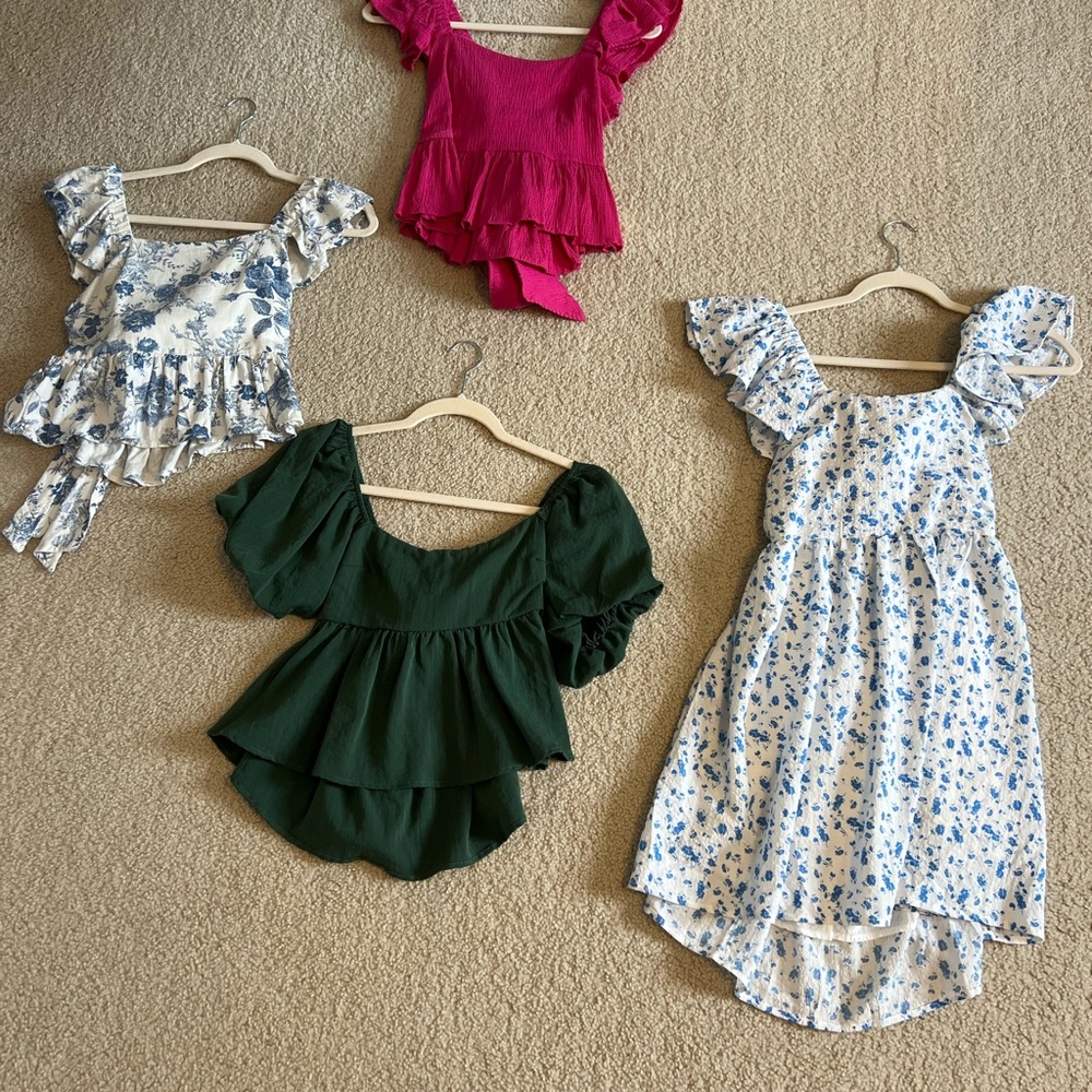 Floral and Solid Ruffle Tops and Dress Set